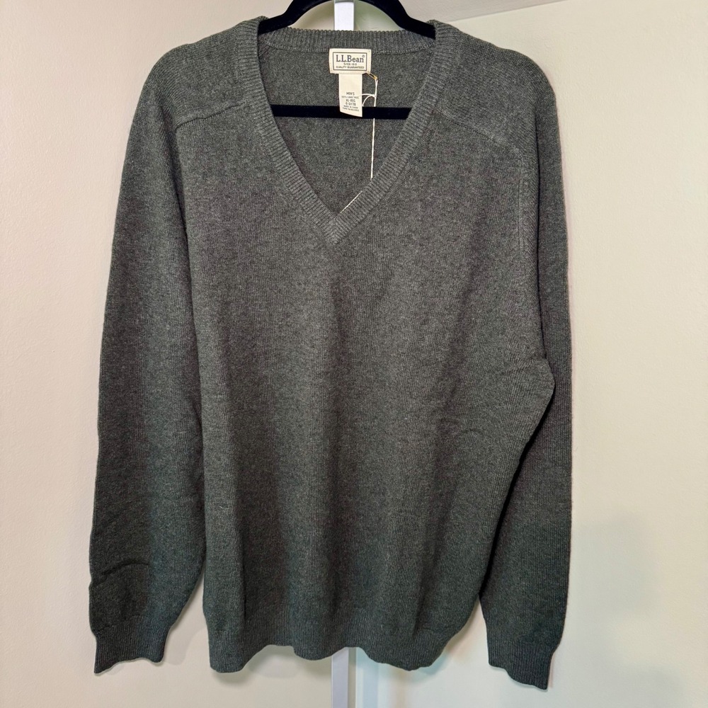 LL Bean Mens XL Lambswool V-Neck Sweater Charcoal Gray Heather NWT